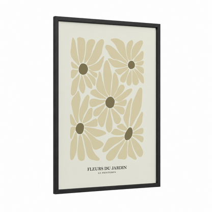 Botanical Garden Blooms framed abstract flower print — black wood frame — cream and brown palette