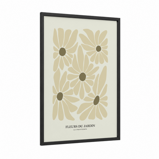 Botanical Garden Blooms framed abstract flower print — black wood frame — cream and brown palette