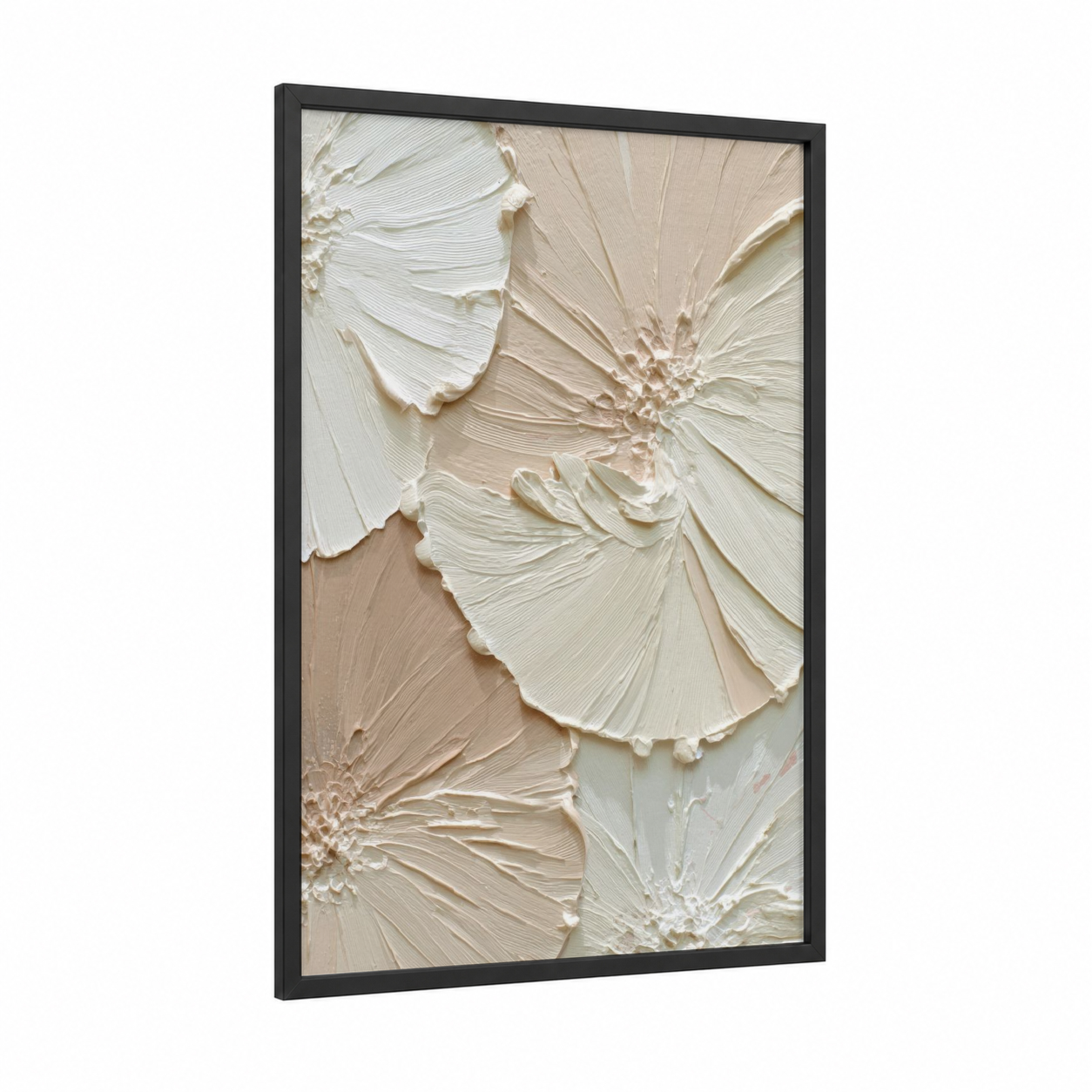 Textured Petals framed abstract minimalist print — black wood frame — cream and white palette