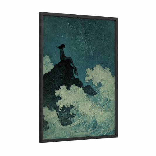 Starlit Mermaid framed fairytale print — black wood frame — teal and cream palette