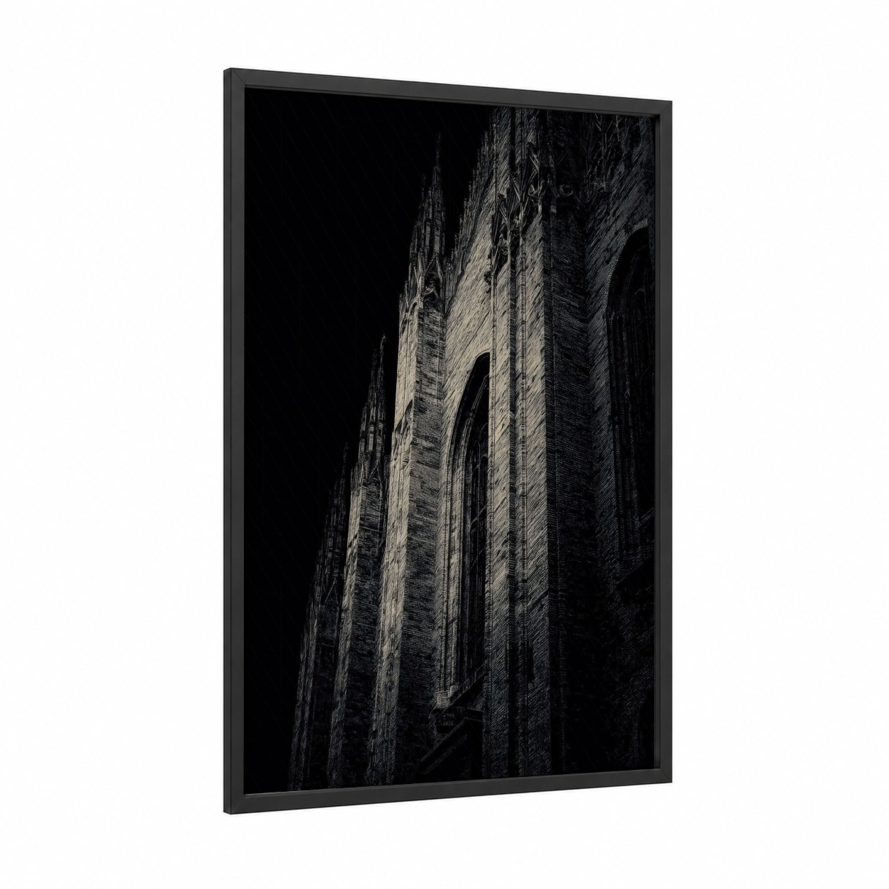 Gothic Masonry framed art print — black wood frame — black and white palette