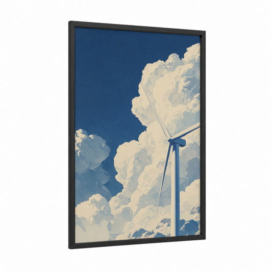 Skyward Turbine framed wind turbine print — black wood frame — blue and white palette