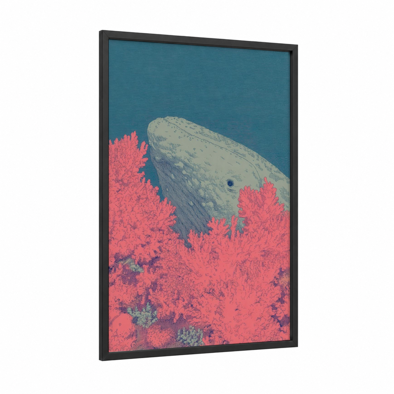 Coral Whale framed gray whale print — black wood frame — teal and salmon pink palette