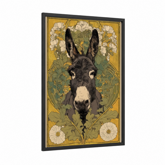 Floral Donkey framed art print — black wood frame — gold and cream palette