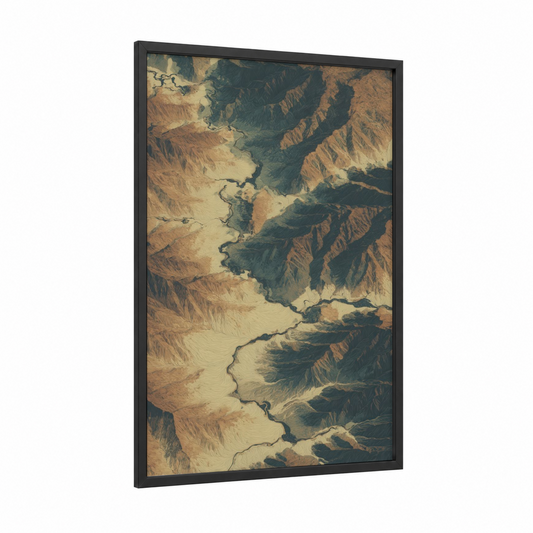 Desert Canyon Waterway framed art print — black wood frame — gold and dark green palette