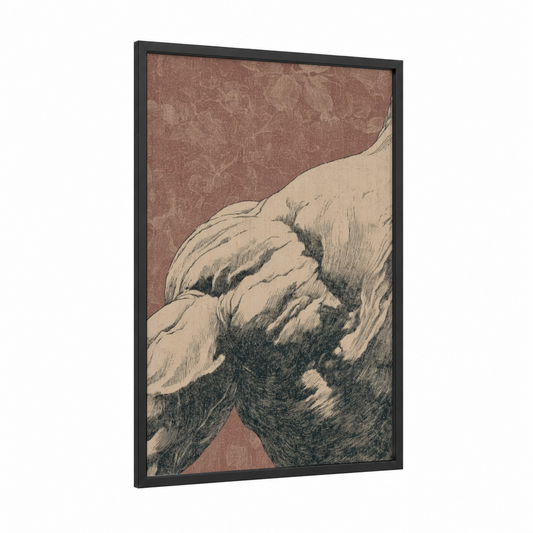 Muscular Strength framed bodybuilding print — black wood frame — beige and maroon palette