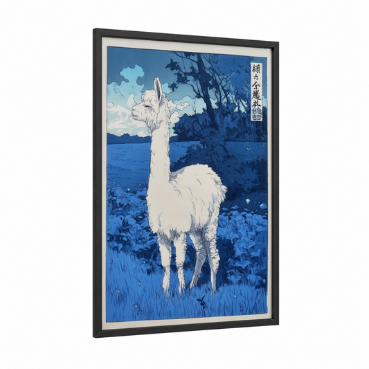 Lakeside Alpaca framed art print — black wood frame — blue and white palette