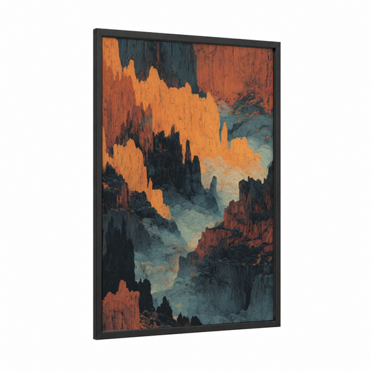 Golden Canyon Cliffs framed art print — black wood frame — orange and dark blue palette