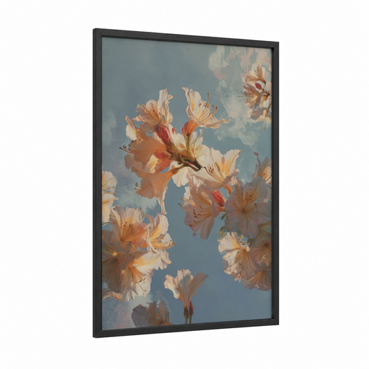 Golden Hour Rhododendron framed art print — black wood frame — peach and dove gray palette