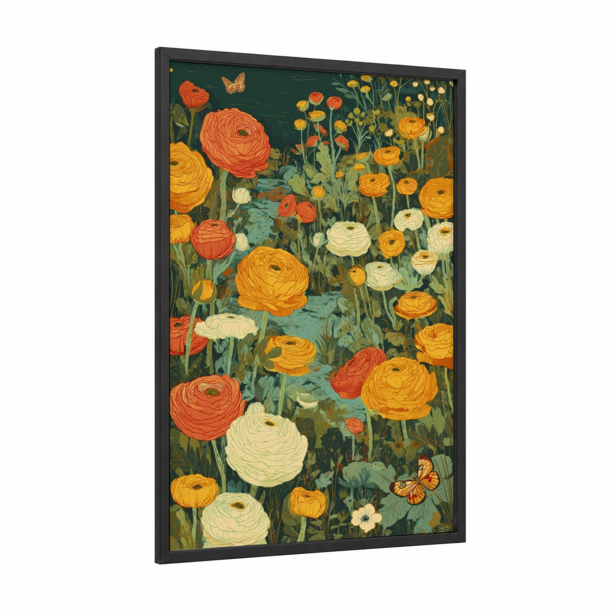 Golden Ranunculus Garden framed art print — black wood frame — gold and teal palette