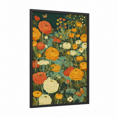 Golden Ranunculus Garden framed art print — black wood frame — gold and teal palette