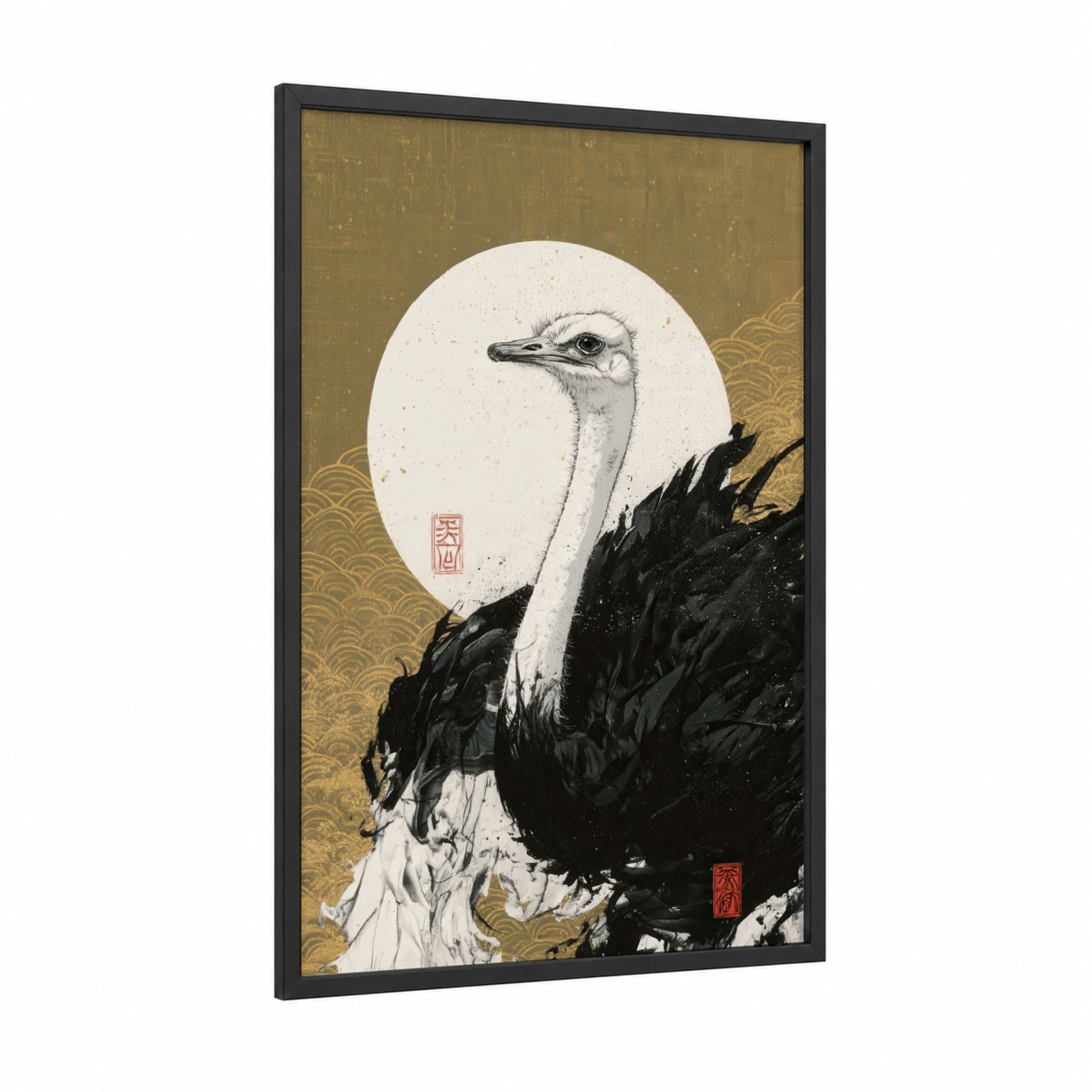 Moonlit Ostrich framed art print — black wood frame — black and white and gold palette