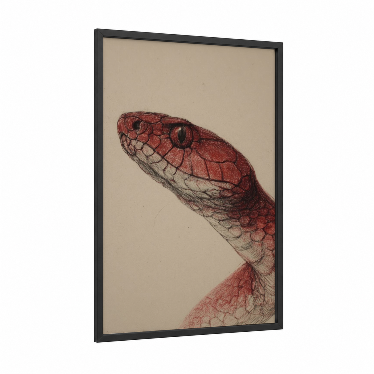 Crimson Cobra Portrait framed art print — black wood frame — red and beige palette
