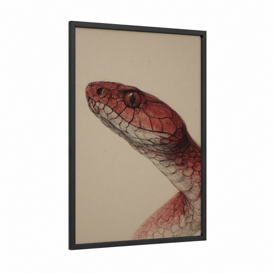 Crimson Cobra Portrait framed art print — black wood frame — red and beige palette