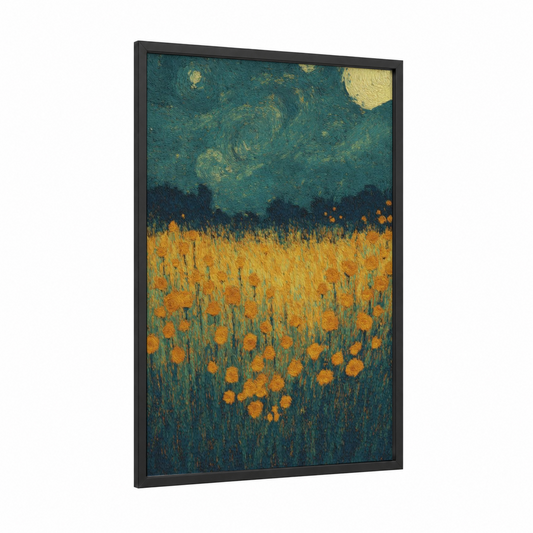 Starlit Wildflowers framed dreamscape print — black wood frame — teal and gold palette