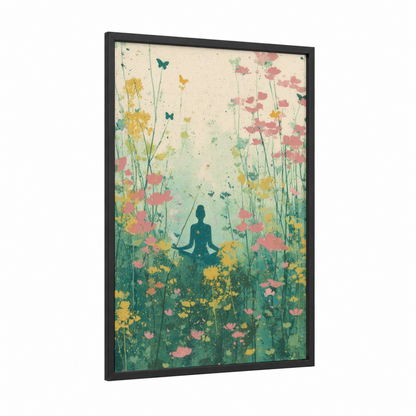 Meditation Garden framed yoga print — black wood frame — sage green and peach palette