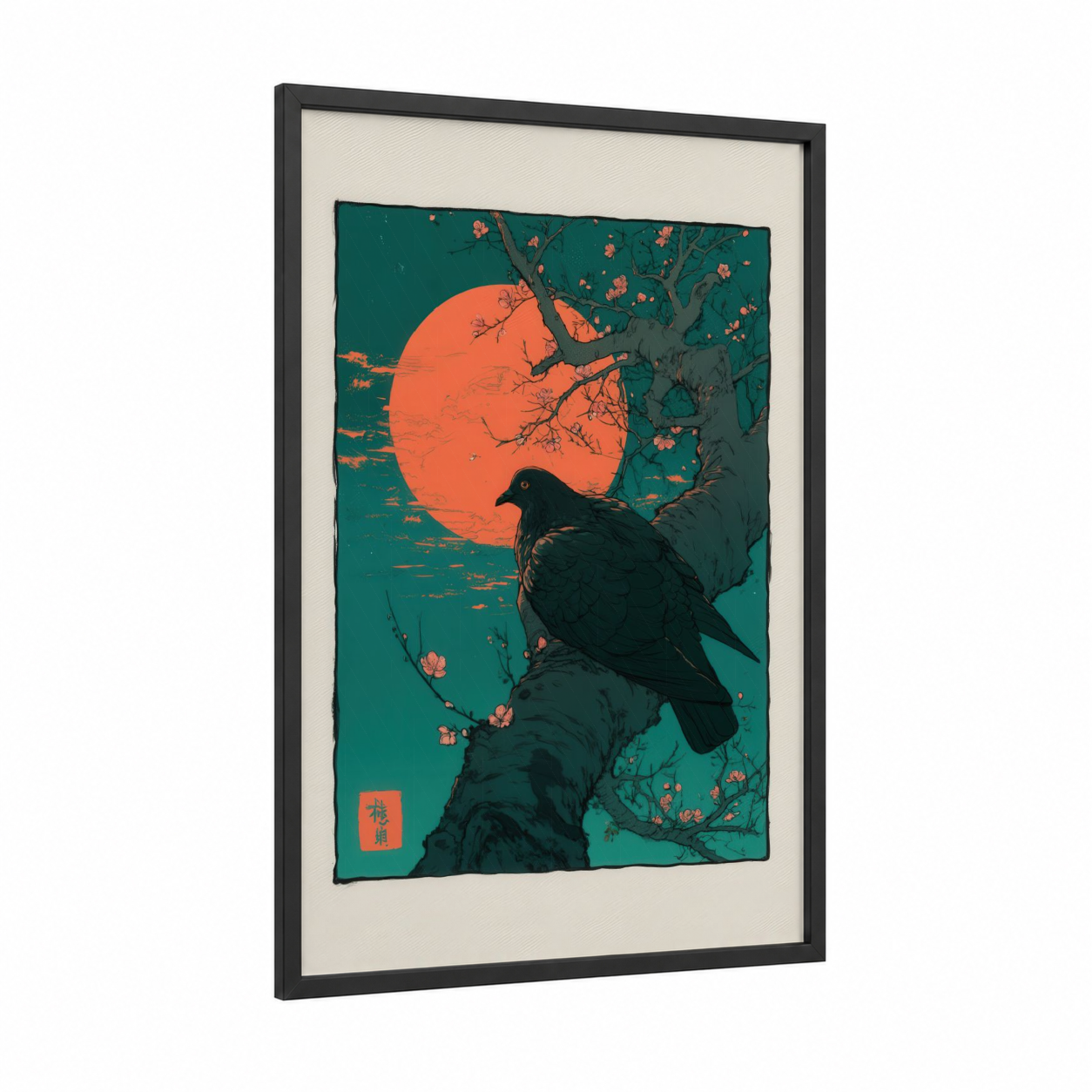 Crimson Moon Pigeon framed art print — black wood frame — teal and red palette