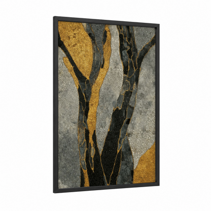 Golden Kauri framed kauri tree print — black wood frame — gold and black palette