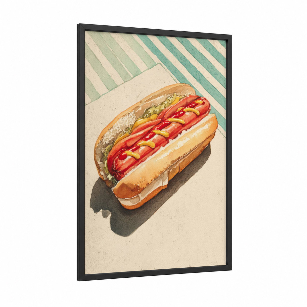Classic Hot Dog framed fast food print — black wood frame — cream and light green palette