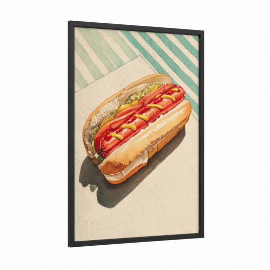 Classic Hot Dog framed fast food print — black wood frame — cream and light green palette