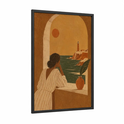 Mediterranean Lighthouse Coastal View Wall Art framed art print — black wood frame — orange and beige palette