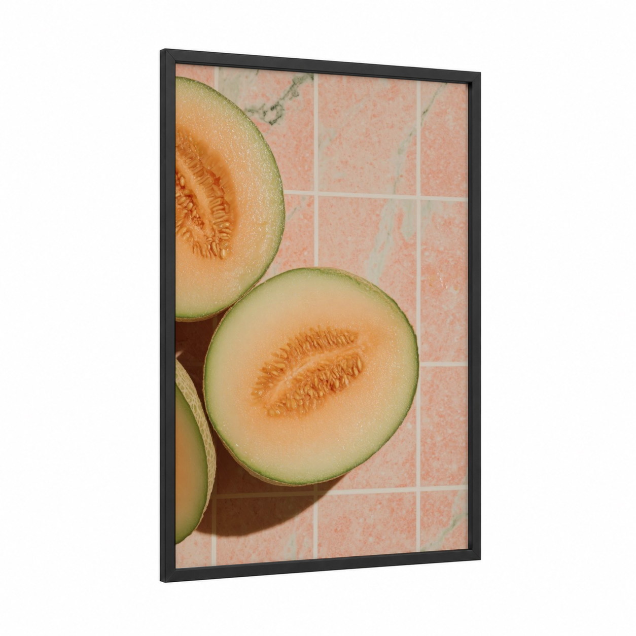 Cantaloupe Halves framed fruit print — black wood frame — peach and light green palette