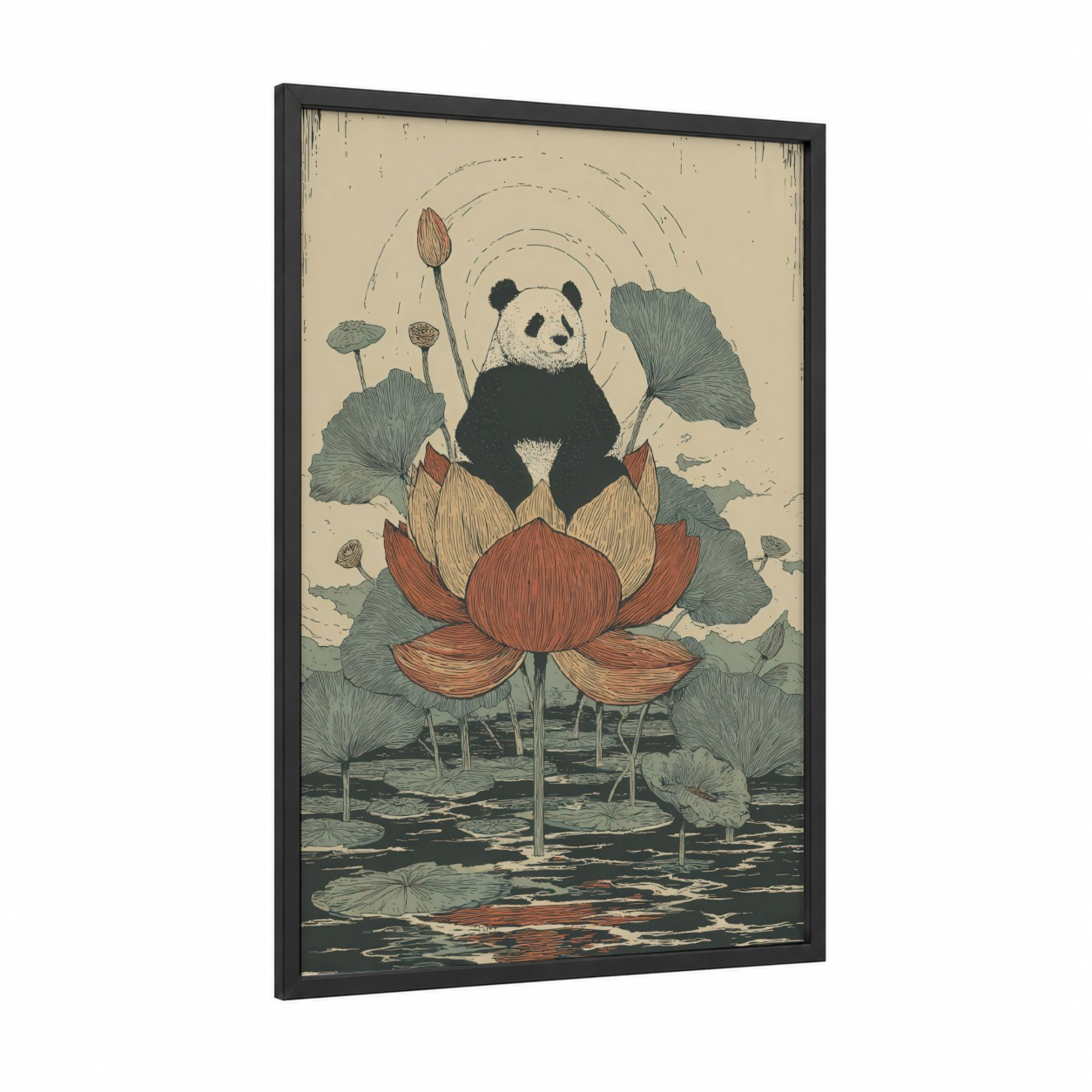 Lotus Panda framed art print — black wood frame — cream and sage green palette