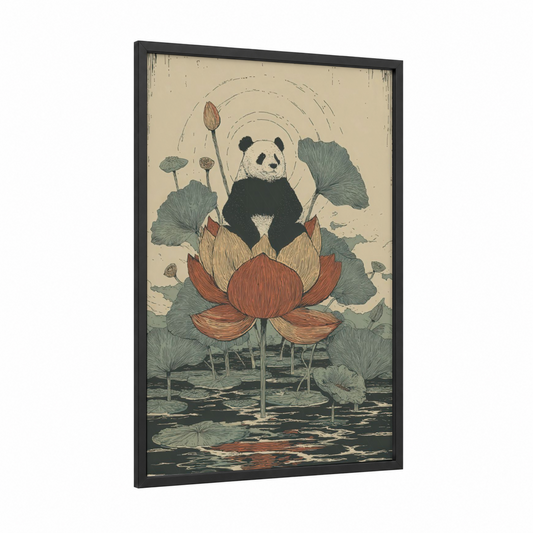 Lotus Panda framed art print — black wood frame — cream and sage green palette