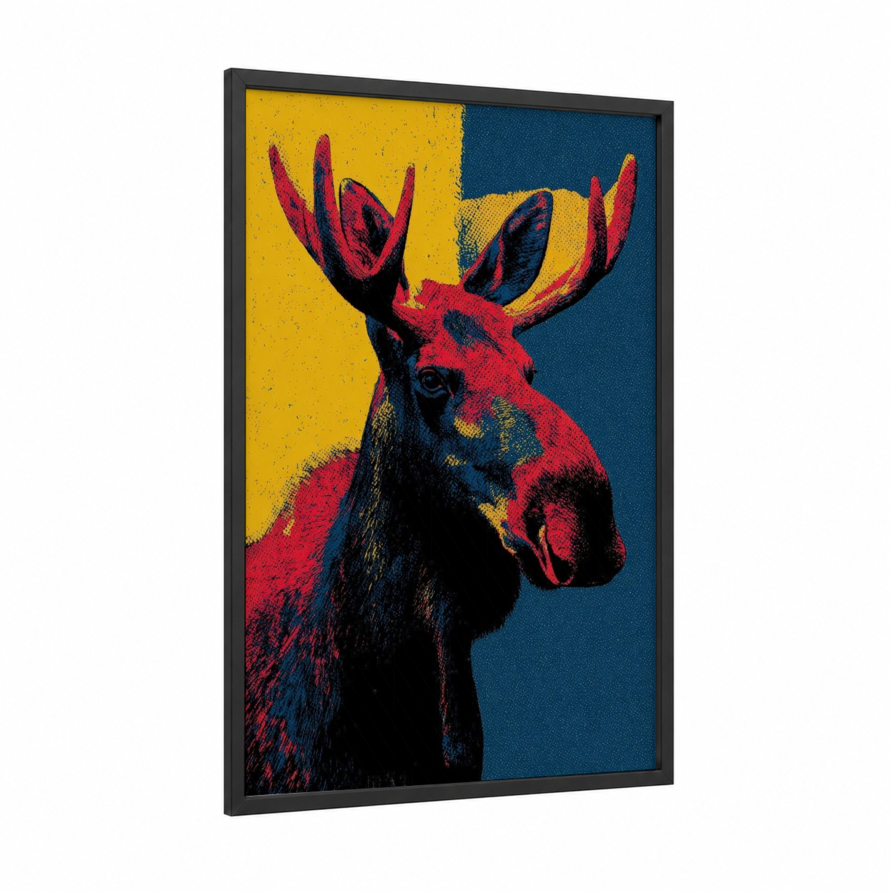 Crimson Moose framed art print — black wood frame — red and dark blue palette