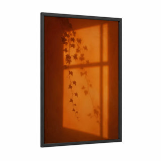 Golden Hour Ivy Shadow Wall Art framed leaf print — black wood frame — orange and mustard palette