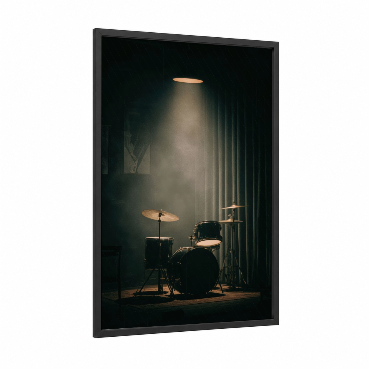 Spotlight Drums framed art print — black wood frame — black and gold palette