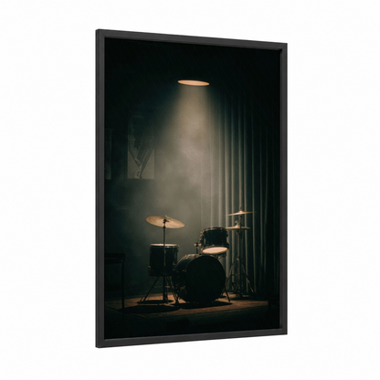Spotlight Drums framed art print — black wood frame — black and gold palette