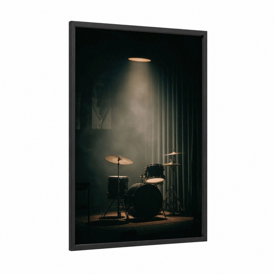 Spotlight Drums framed art print — black wood frame — black and gold palette