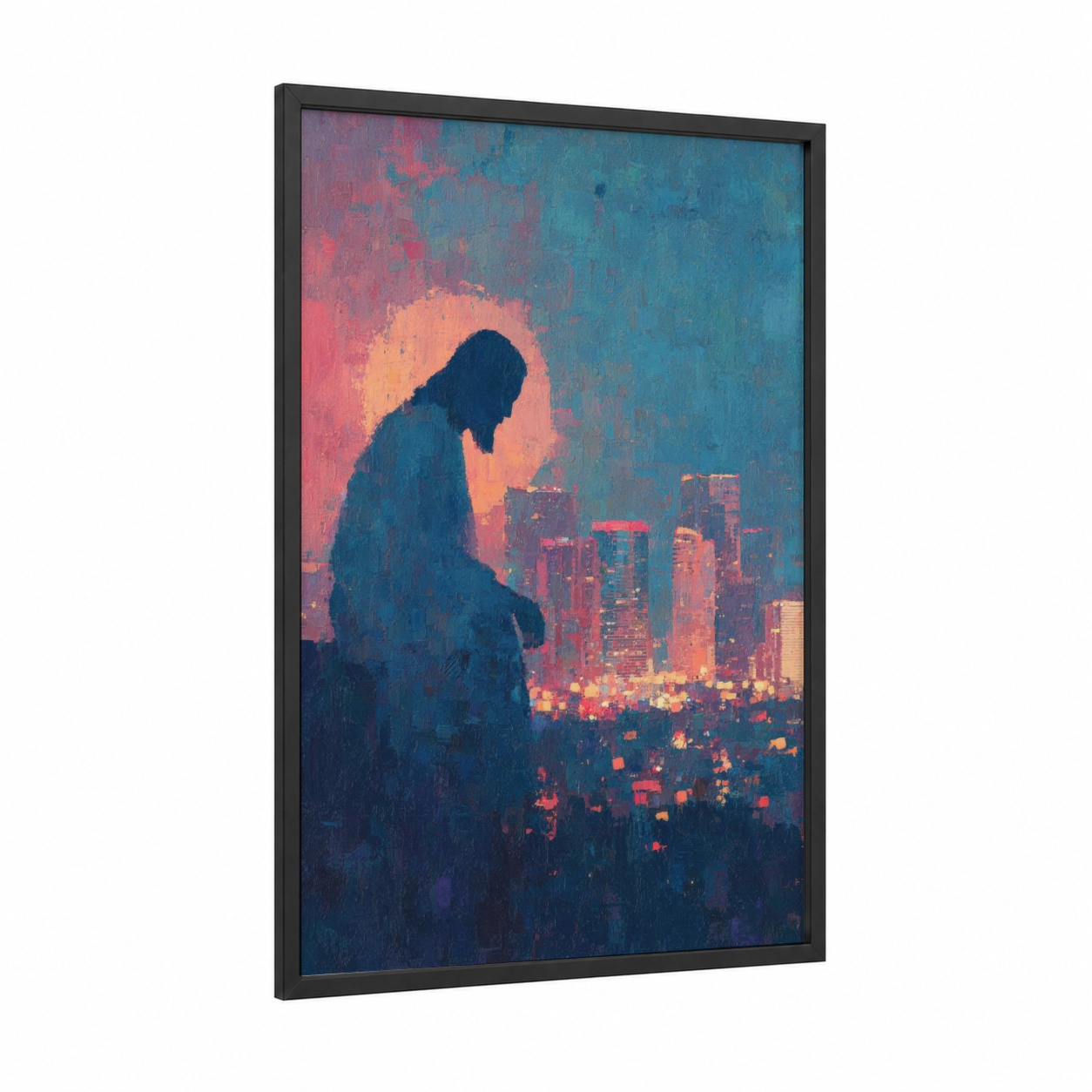 Urban Contemplation framed jesus christ print — black wood frame — blue and peach palette