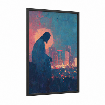 Urban Contemplation framed jesus christ print — black wood frame — blue and peach palette
