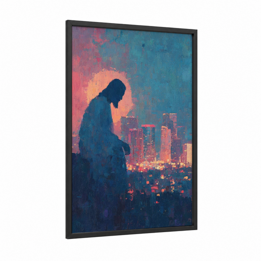Urban Contemplation framed jesus christ print — black wood frame — blue and peach palette
