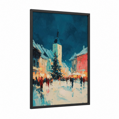 Snowy Christmas Square framed art print — black wood frame — blue and gold and teal palette