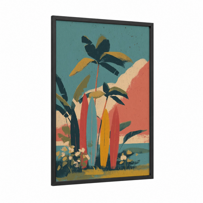 Colorful Surfboard Garden framed surfing print — black wood frame — teal and pink palette