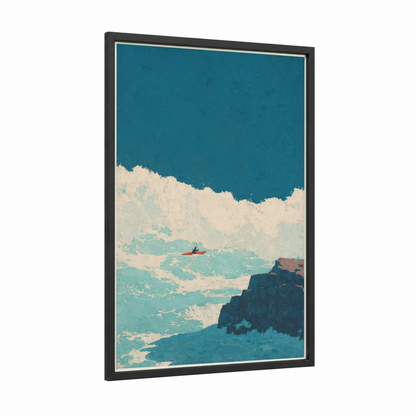 Coastal Kayak Adventure framed canoeing and kayaking print — black wood frame — teal and cream palette