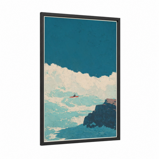 Coastal Kayak Adventure framed canoeing and kayaking print — black wood frame — teal and cream palette