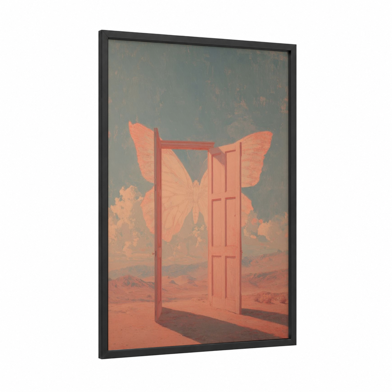 Coral Door Dreamscape framed art print — black wood frame — peach and sage green palette