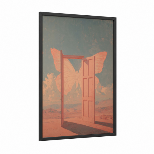 Coral Door Dreamscape framed art print — black wood frame — peach and sage green palette