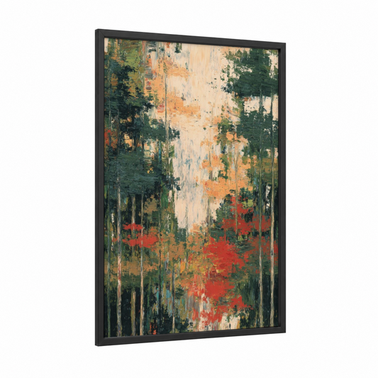 Autumn Cedar Forest framed art print — black wood frame — dark green and orange palette