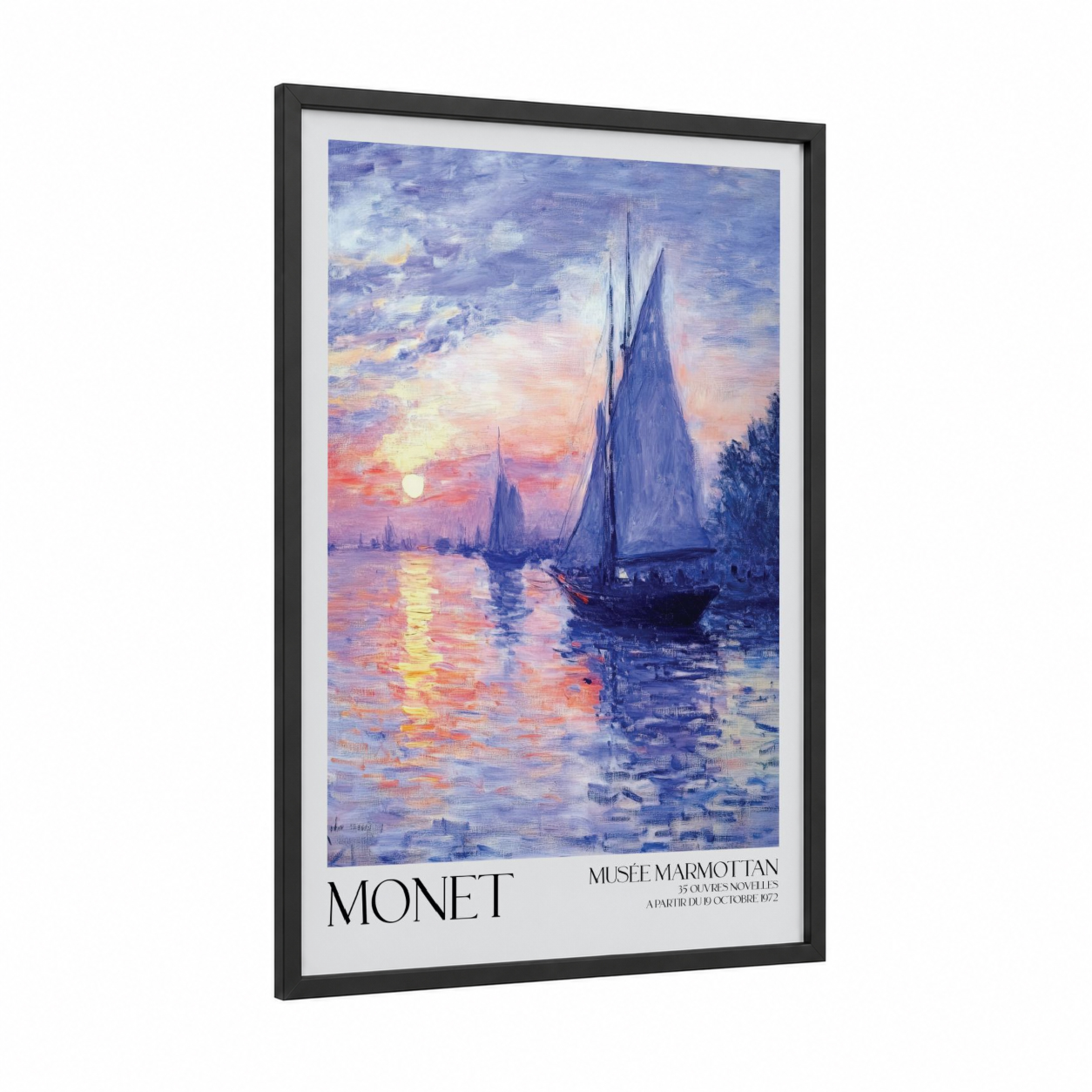 Sunset Sailboats framed seascapes and ocean print — black wood frame — blue and gold palette