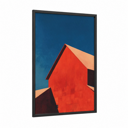 Crimson Barn Geometry framed art print — black wood frame — red and blue palette
