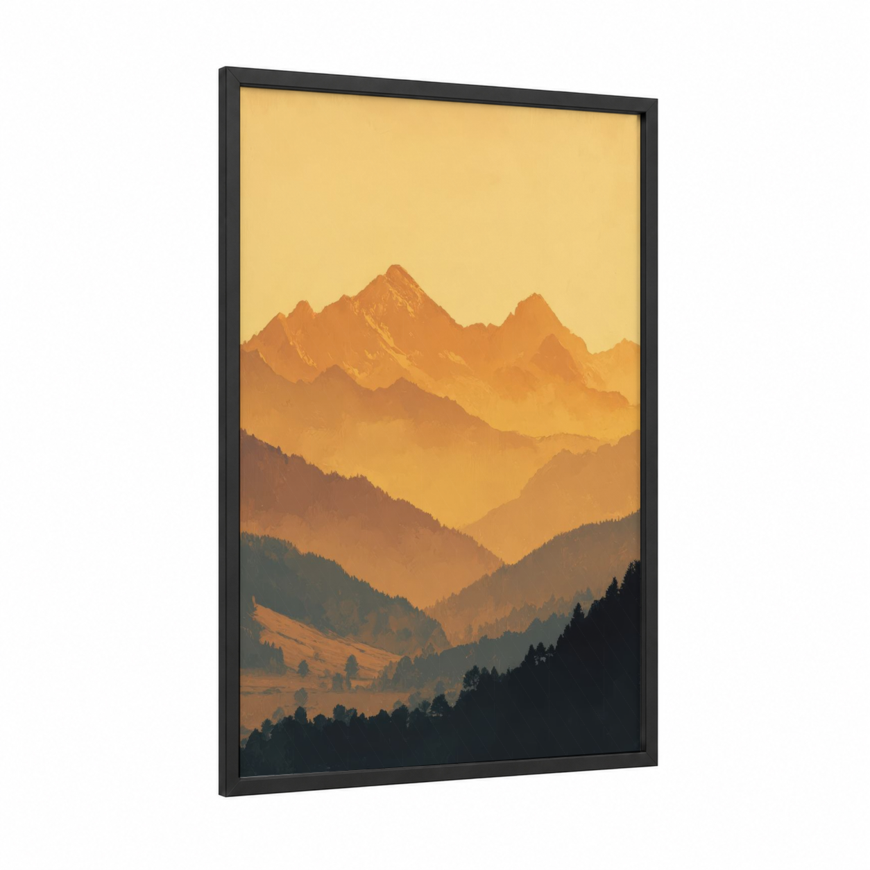 Golden Alpine Peaks framed alps print — black wood frame — gold and orange palette