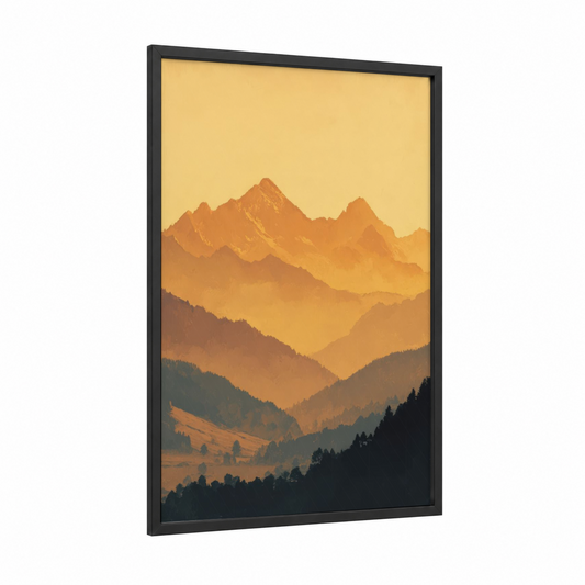 Golden Alpine Peaks framed alps print — black wood frame — gold and orange palette