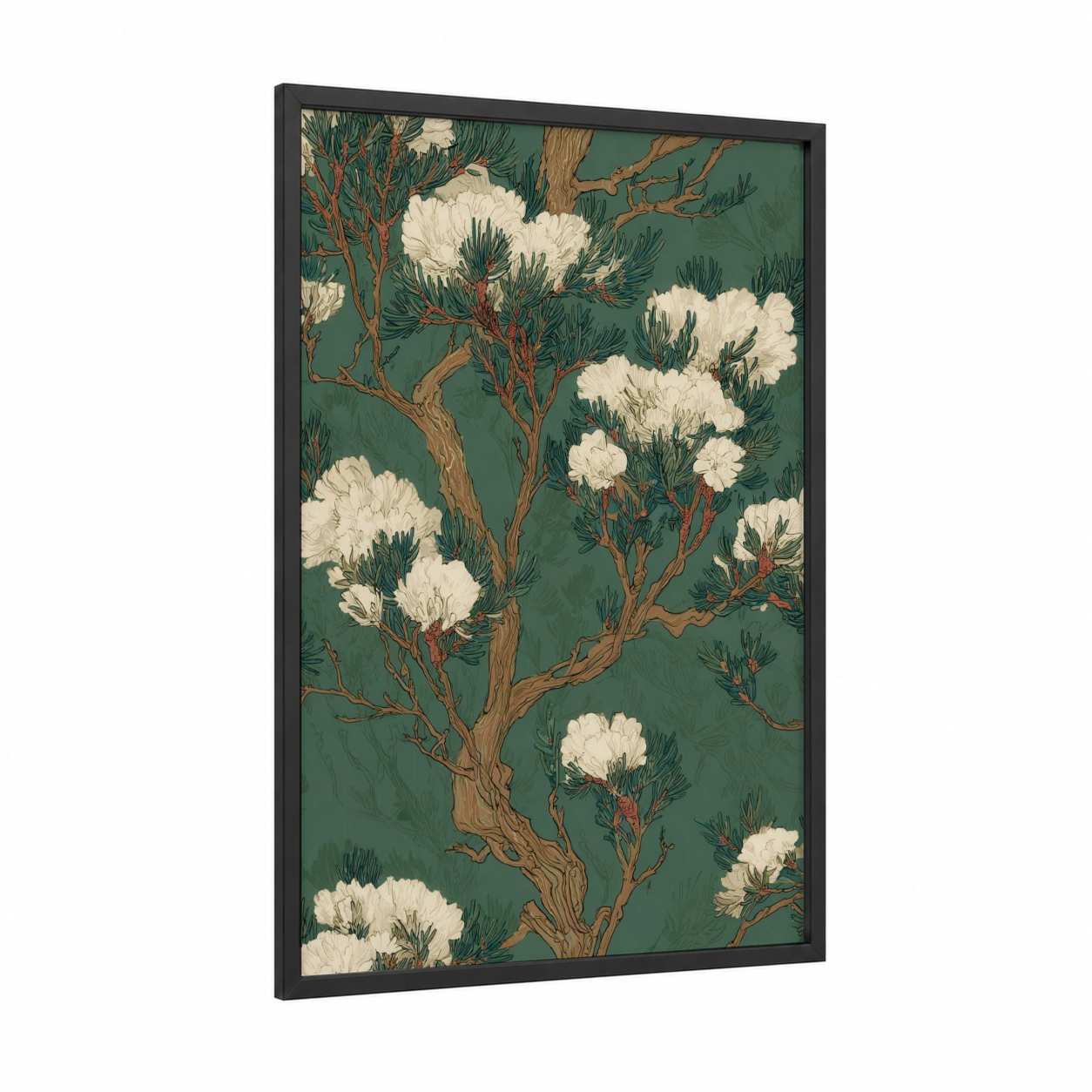 Cream Juniper Blossoms framed juniper tree print — black wood frame — sage green and cream palette
