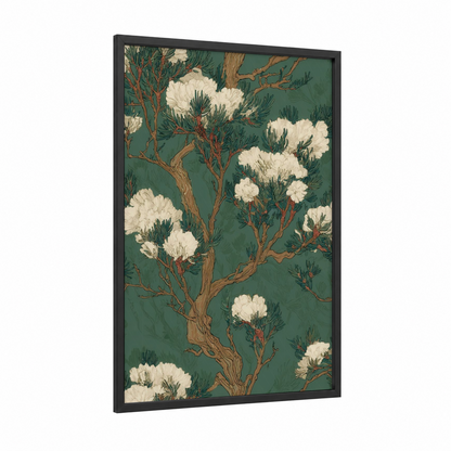 Cream Juniper Blossoms framed juniper tree print — black wood frame — sage green and cream palette
