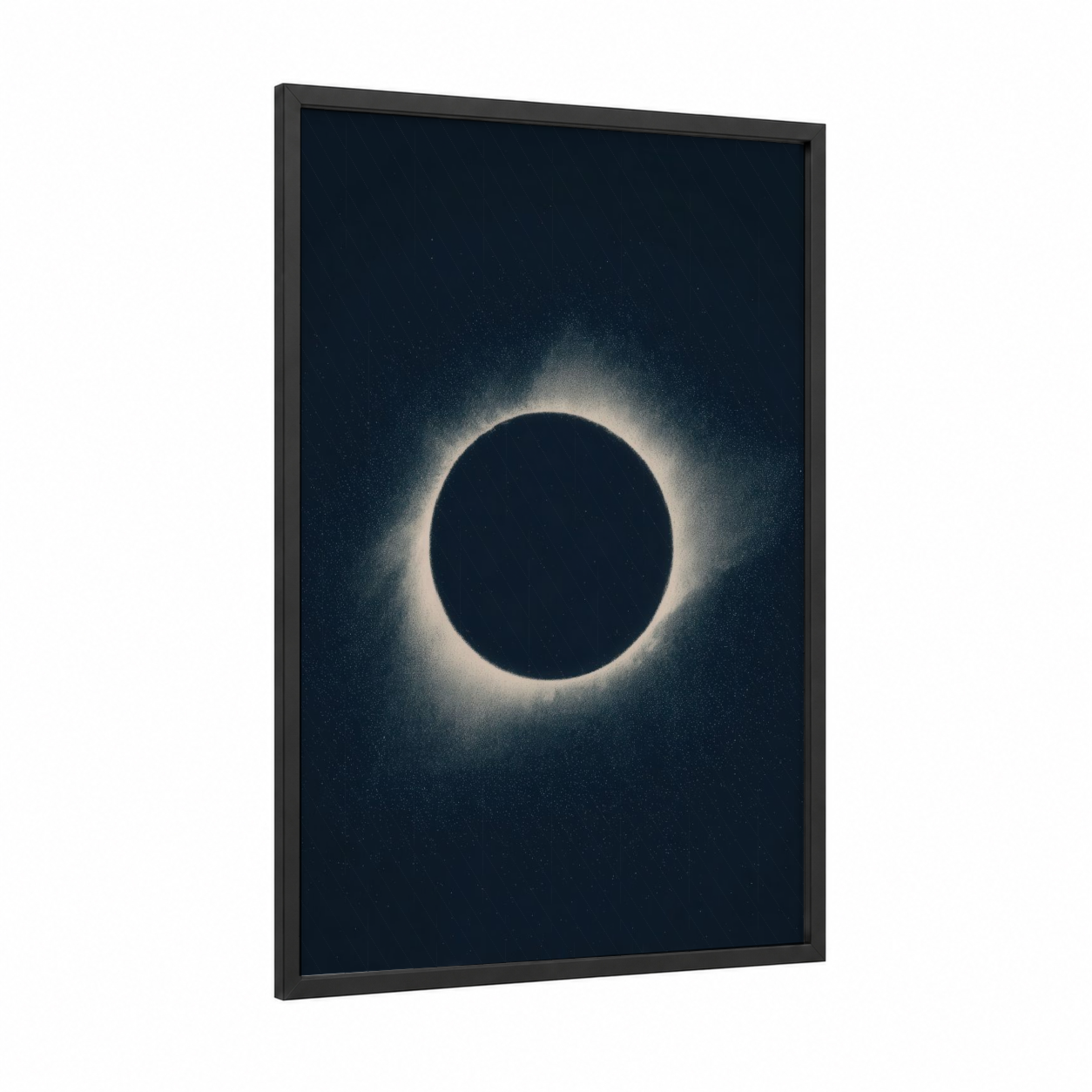 Solar Eclipse framed solar system print — black wood frame — black and white and blue palette
